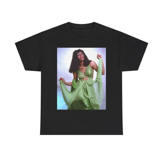 A black graphic t-shirt featuring an 80s pop icon aesthetic graphic of Donna Summer.