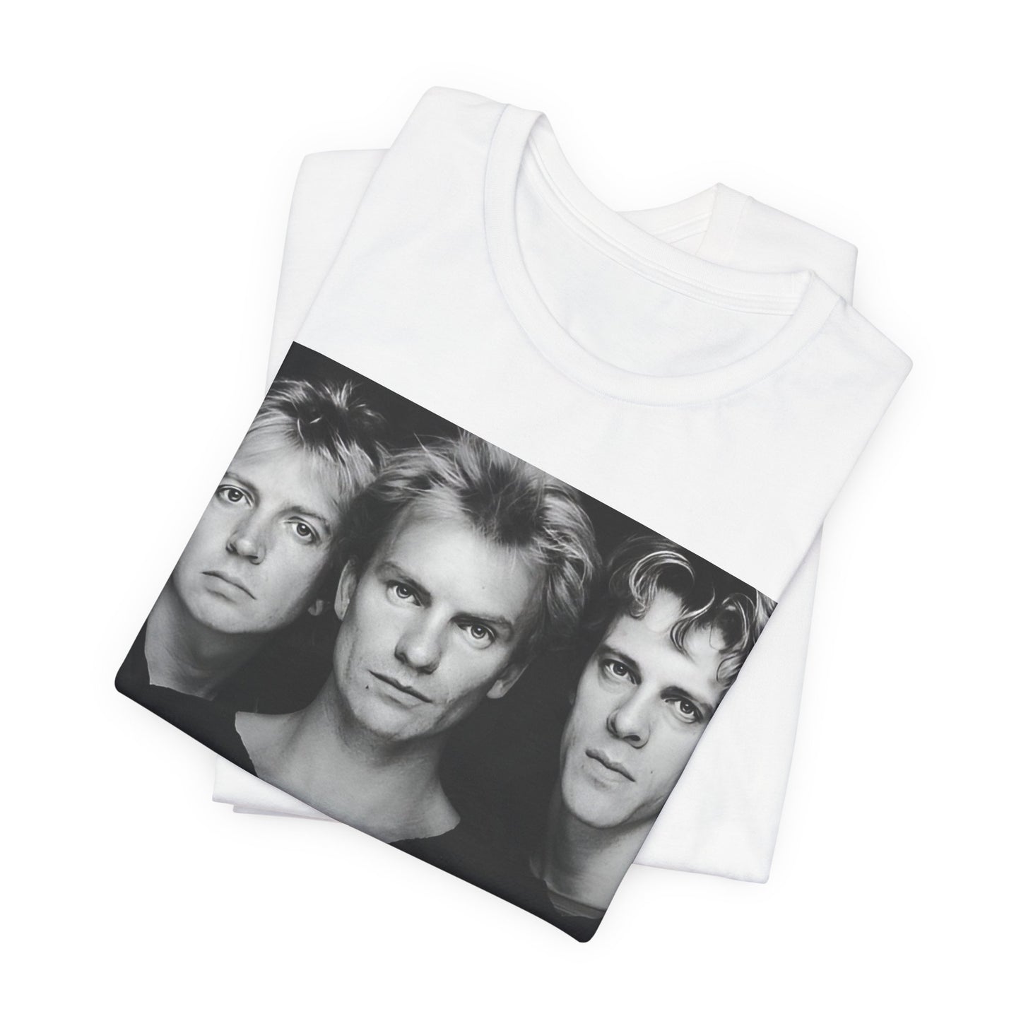 A black graphic t-shirt featuring a graphic related to The Police's 'Every Breath You Take' song or era.