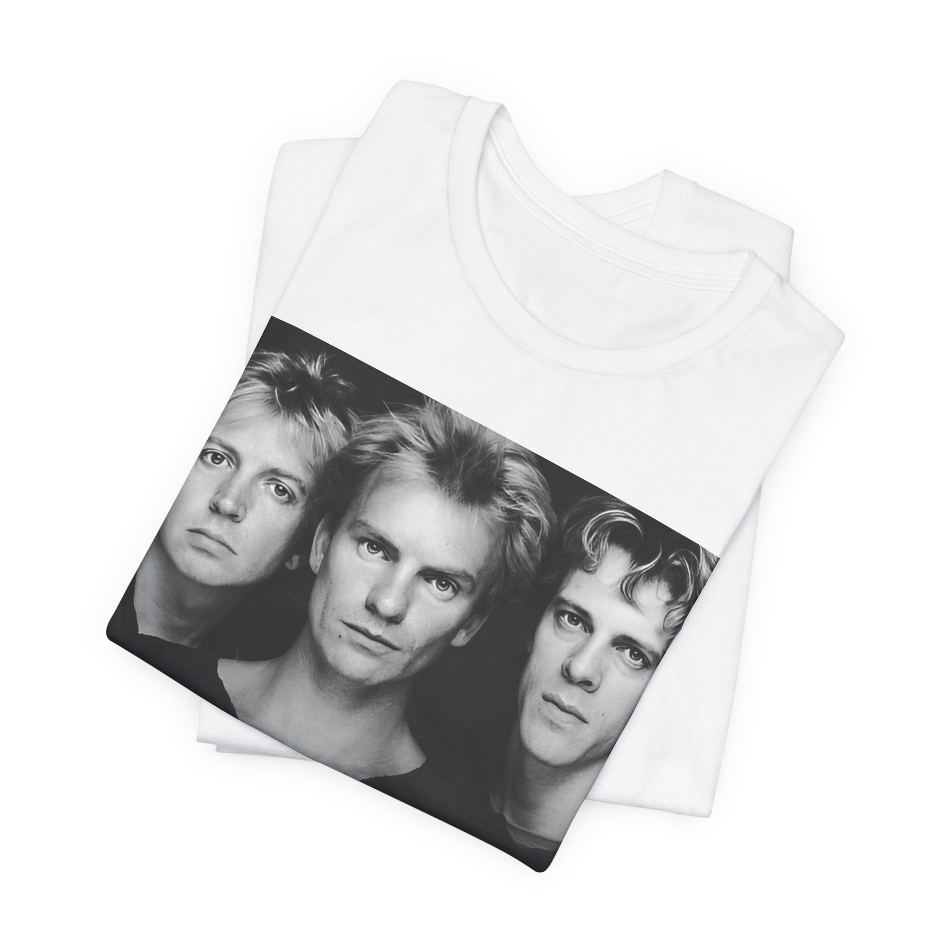A black graphic t-shirt featuring a graphic related to The Police's 'Every Breath You Take' song or era.