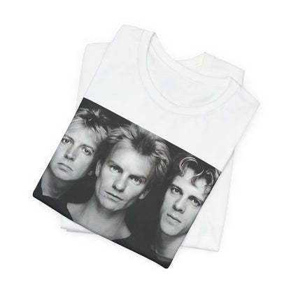 A black graphic t-shirt featuring a graphic related to The Police's 'Every Breath You Take' song or era.