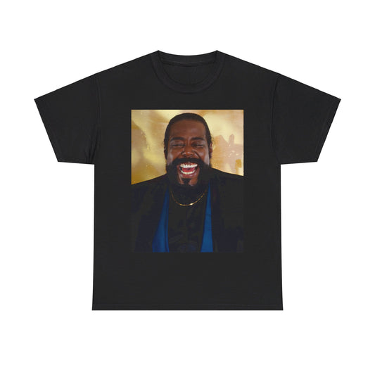 A black graphic t-shirt featuring a graphic of Barry White with a funky, happy vibe.