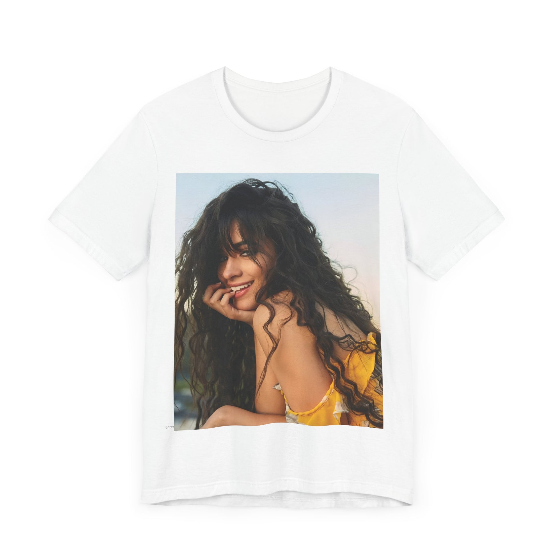 A black graphic t-shirt featuring a graphic inspired by Camila Cabello's "Don't Go Yet" song or era.