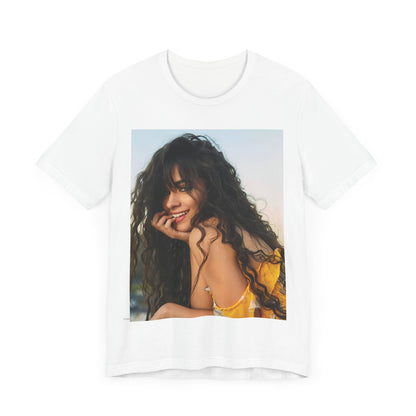 A black graphic t-shirt featuring a graphic inspired by Camila Cabello's "Don't Go Yet" song or era.