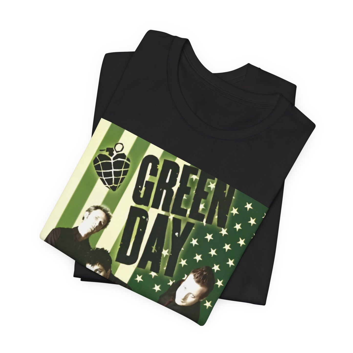 A black graphic t-shirt featuring a graphic related to Green Day's 'American Idiot' album era.