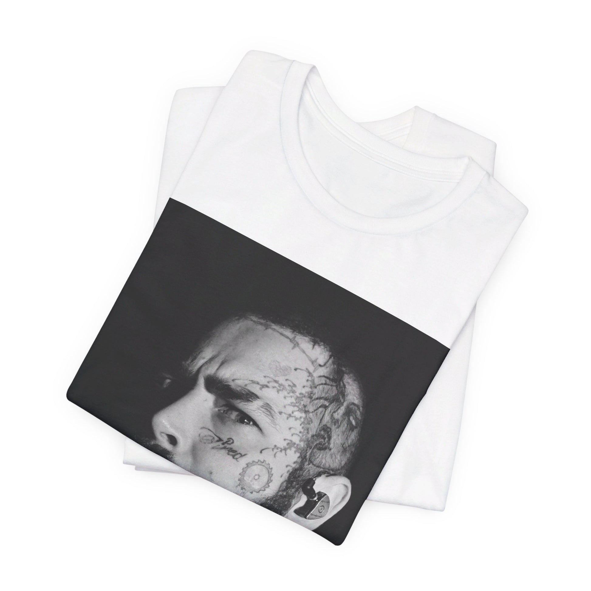 A black graphic t-shirt featuring a black and white portrait graphic of Post Malone.