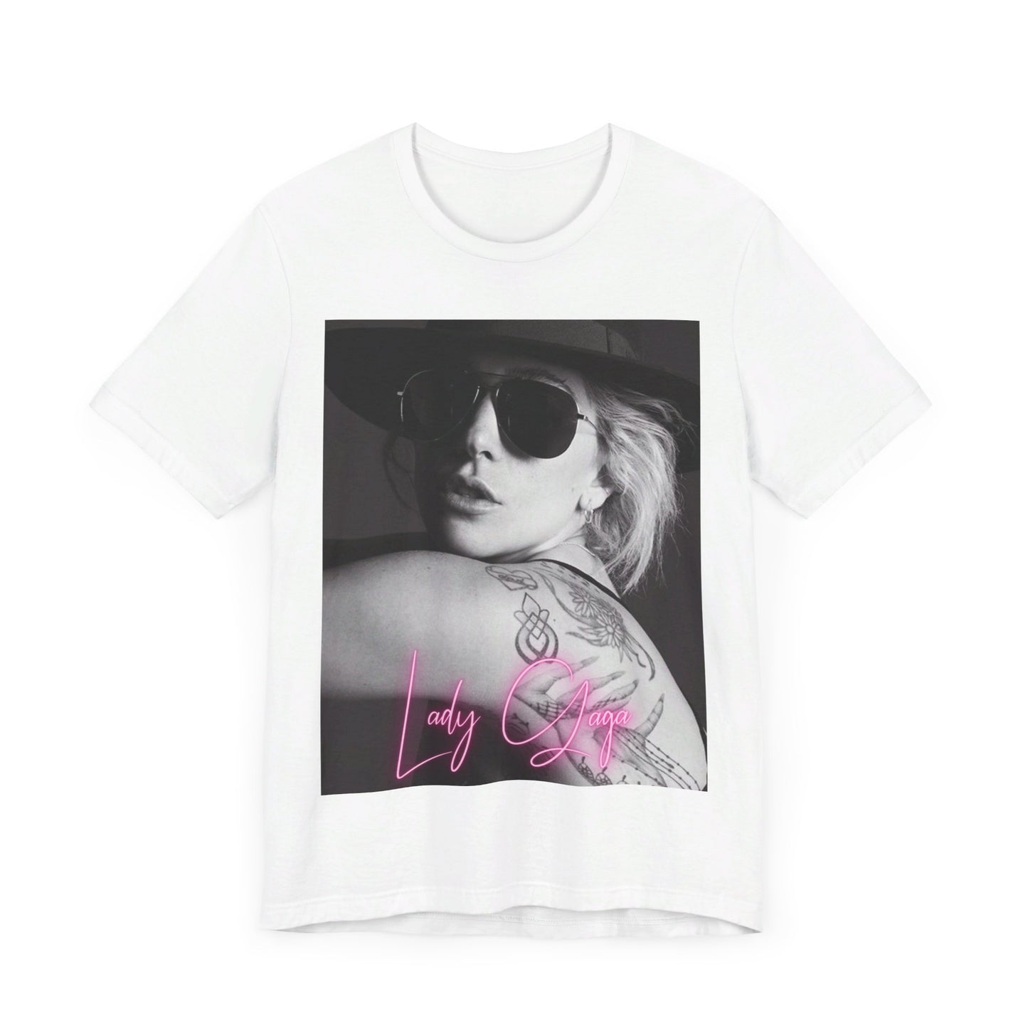 A black graphic t-shirt featuring a fierce graphic related to Lady Gaga's 'Bad Romance' song or era.