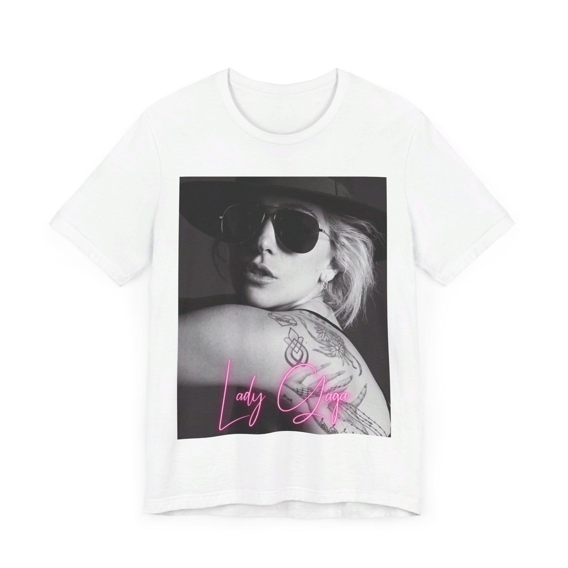 A black graphic t-shirt featuring a fierce graphic related to Lady Gaga's 'Bad Romance' song or era.