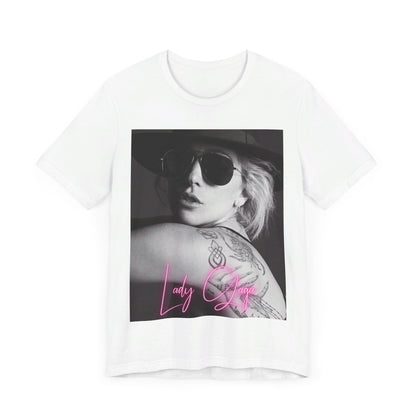 A black graphic t-shirt featuring a fierce graphic related to Lady Gaga's 'Bad Romance' song or era.