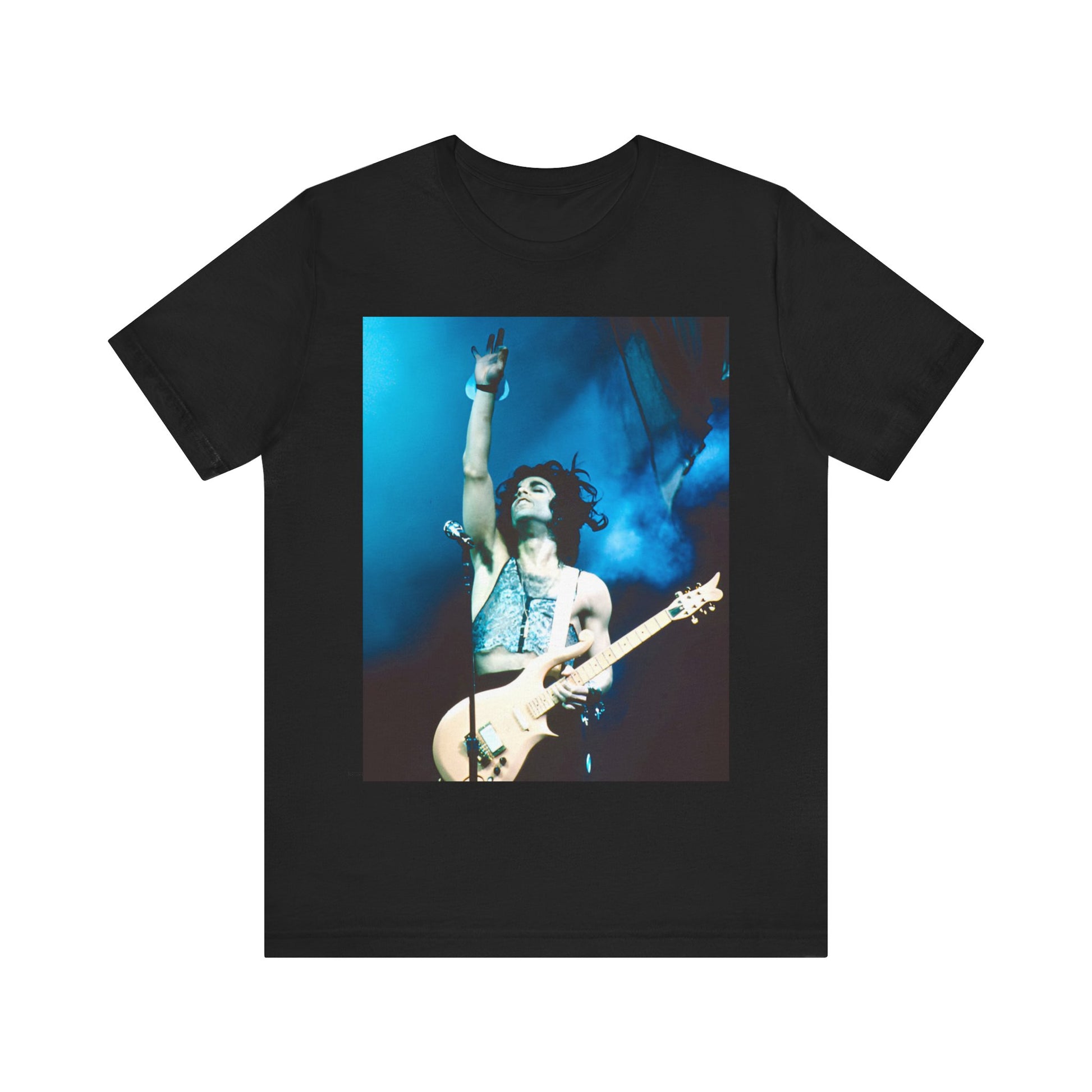 A black graphic t-shirt featuring a graphic of Prince as a guitar god and virtuoso performer.