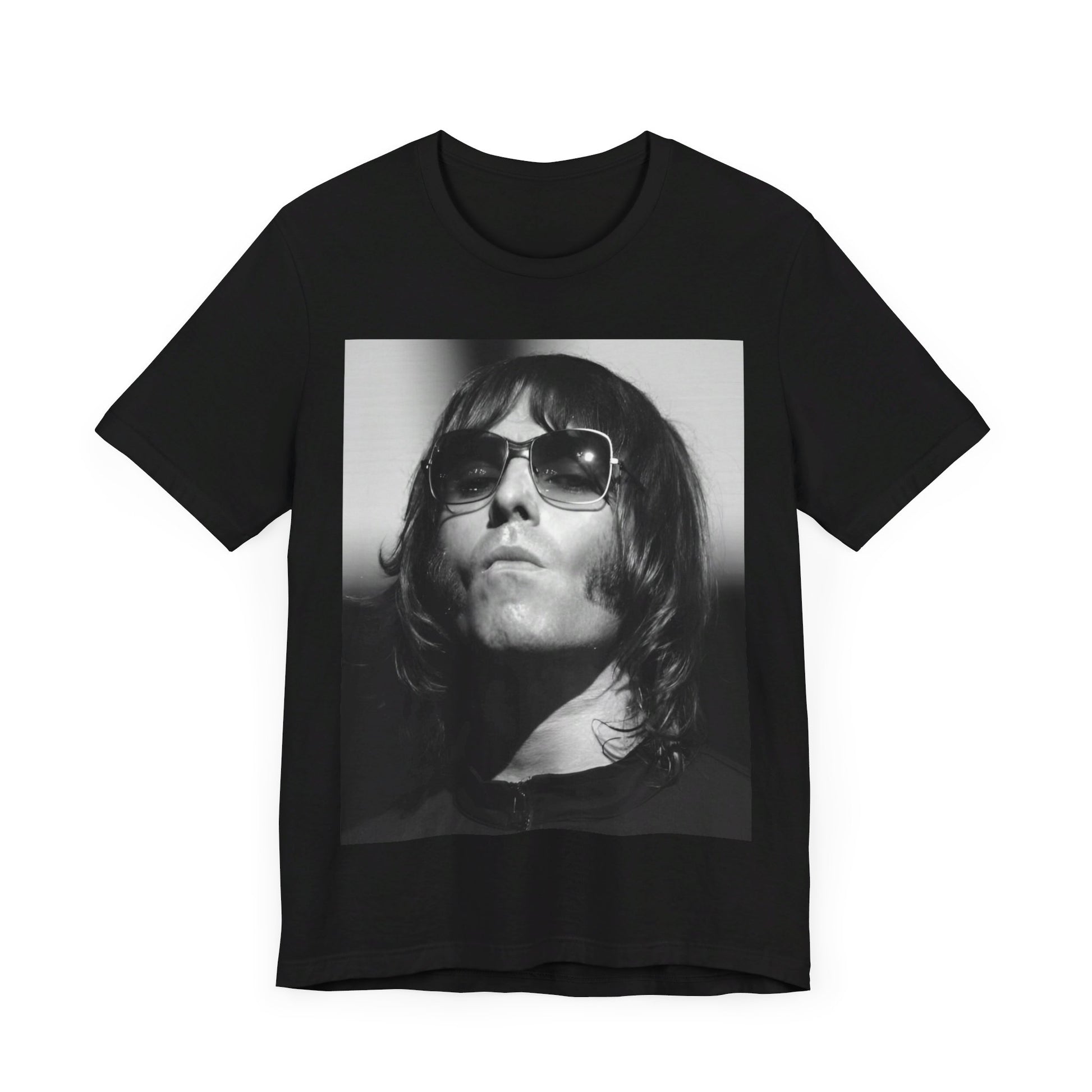 A black graphic t-shirt featuring a graphic of Liam Gallagher from Oasis related to the 'Morning Glory' album era.