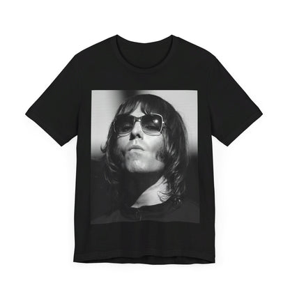 A black graphic t-shirt featuring a graphic of Liam Gallagher from Oasis related to the 'Morning Glory' album era.