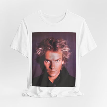 A black graphic t-shirt featuring a graphic related to Sting's 'Every Breath You Take' song or era.