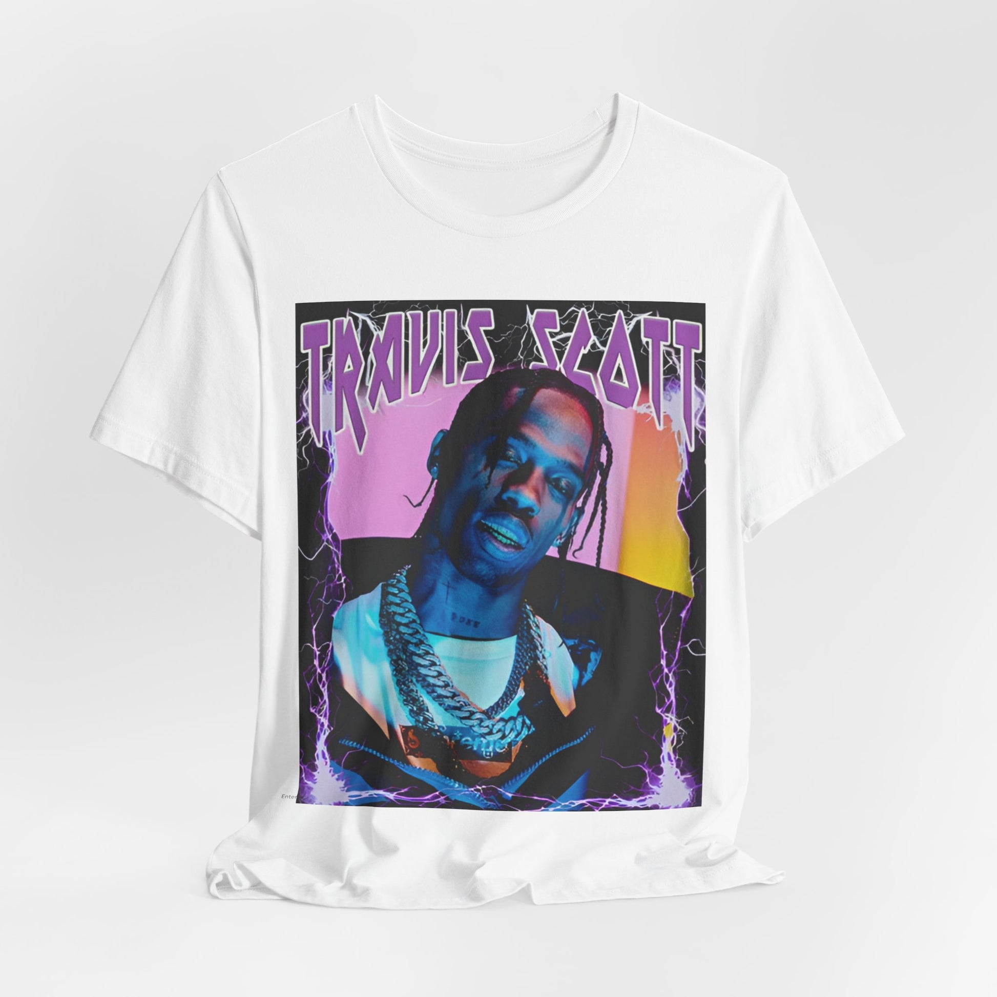 A black graphic t-shirt featuring a retro bootleg graphic of Travis Scott.