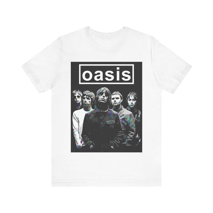 A black graphic t-shirt featuring a retro graphic related to Oasis's 'Definitely Maybe' album era.