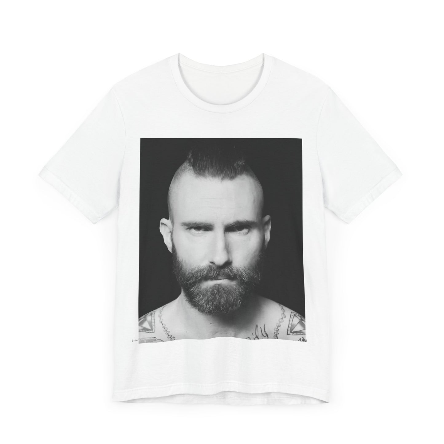 A sharp, polished studio portrait of Maroon 5 frontman Adam Levine, printed on a graphic t-shirt.