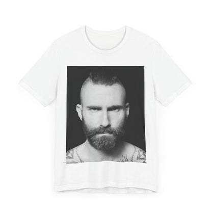 A sharp, polished studio portrait of Maroon 5 frontman Adam Levine, printed on a graphic t-shirt.