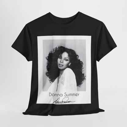 A black graphic t-shirt featuring a portrait of Donna Summer, possibly with her signature or iconic elements.