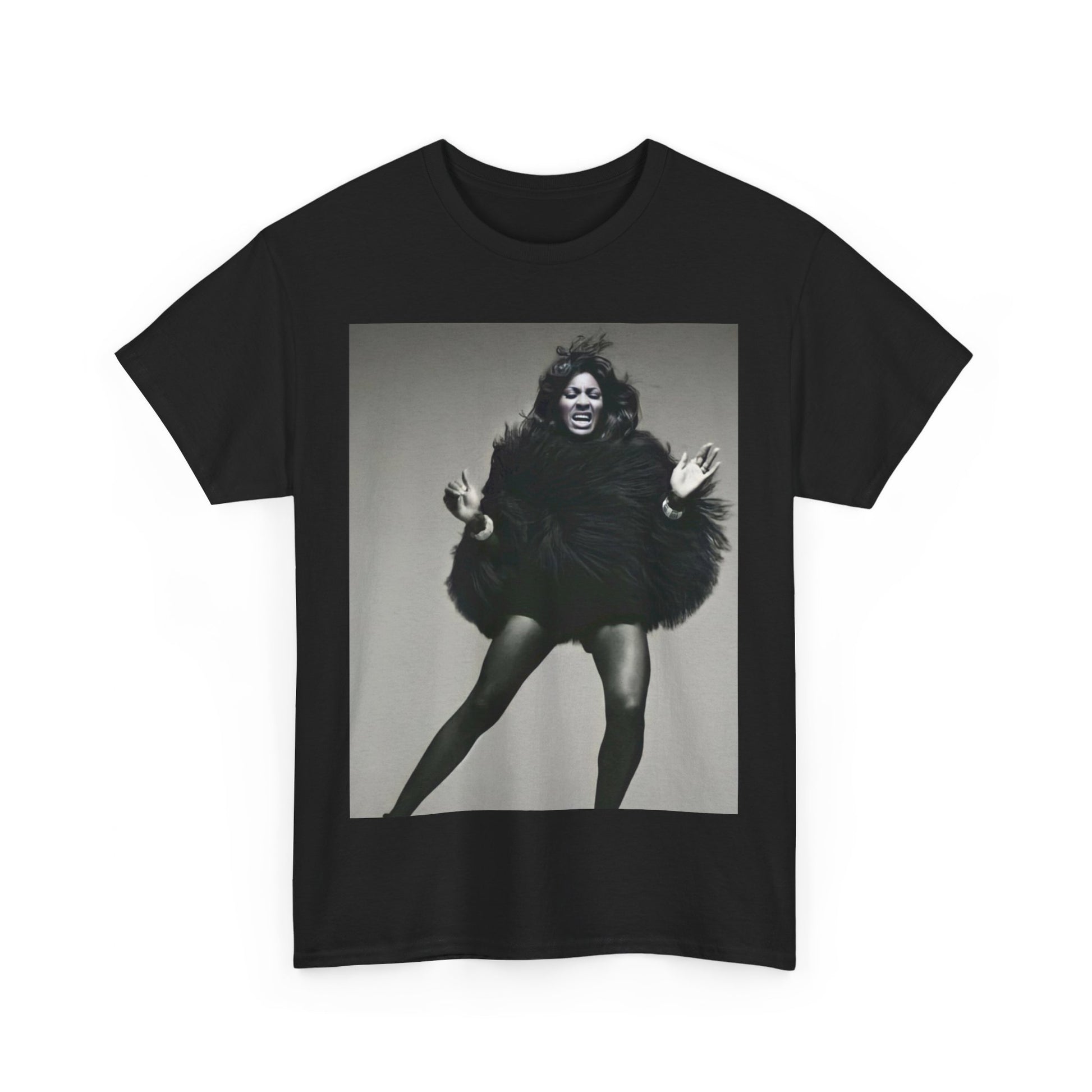 A black graphic t-shirt featuring a black and white portrait photo of Tina Turner.