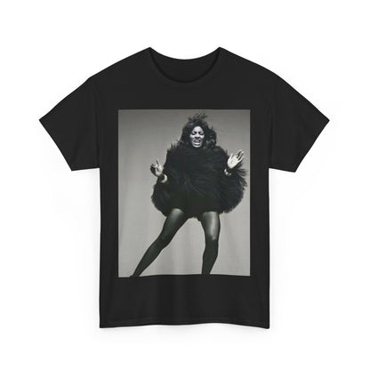 A black graphic t-shirt featuring a black and white portrait photo of Tina Turner.