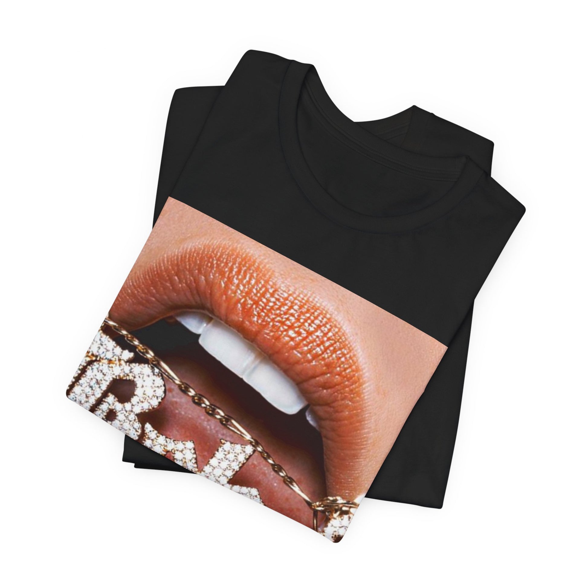 A black graphic t-shirt featuring a retro-style graphic inspired by Bebe Rexha's album art.