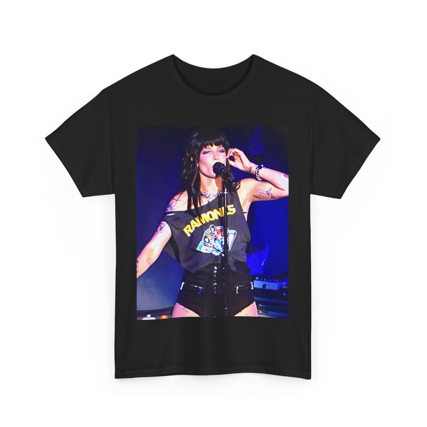 A black graphic t-shirt featuring a vintage graphic of Halsey as a pop rebel on stage.