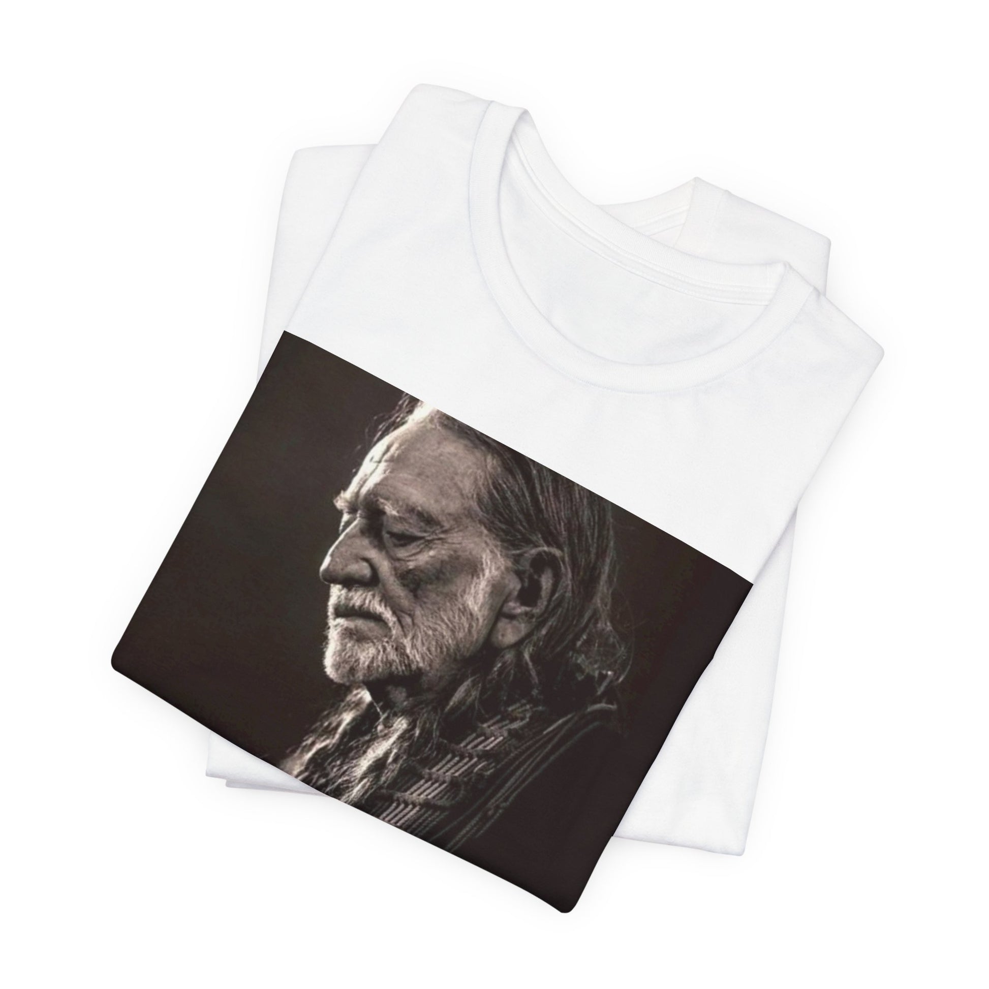 A black graphic t-shirt featuring a vintage country legend graphic of Willie Nelson.