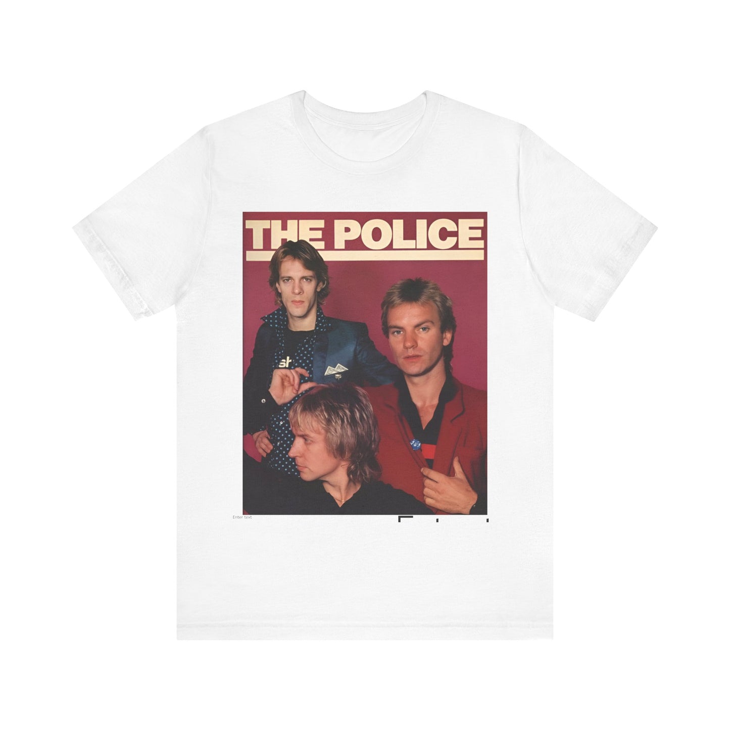 A black graphic t-shirt featuring a minimalist graphic of The Police as a power trio.