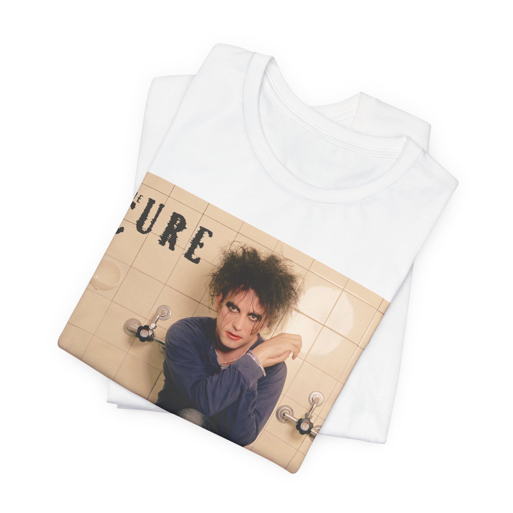 A black graphic t-shirt featuring a graphic related to The Cure's 'Friday I'm In Love' song or era.