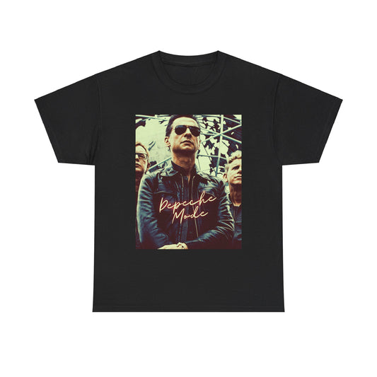 A black graphic t-shirt featuring a graphic of Depeche Mode as synth-pop pioneers.