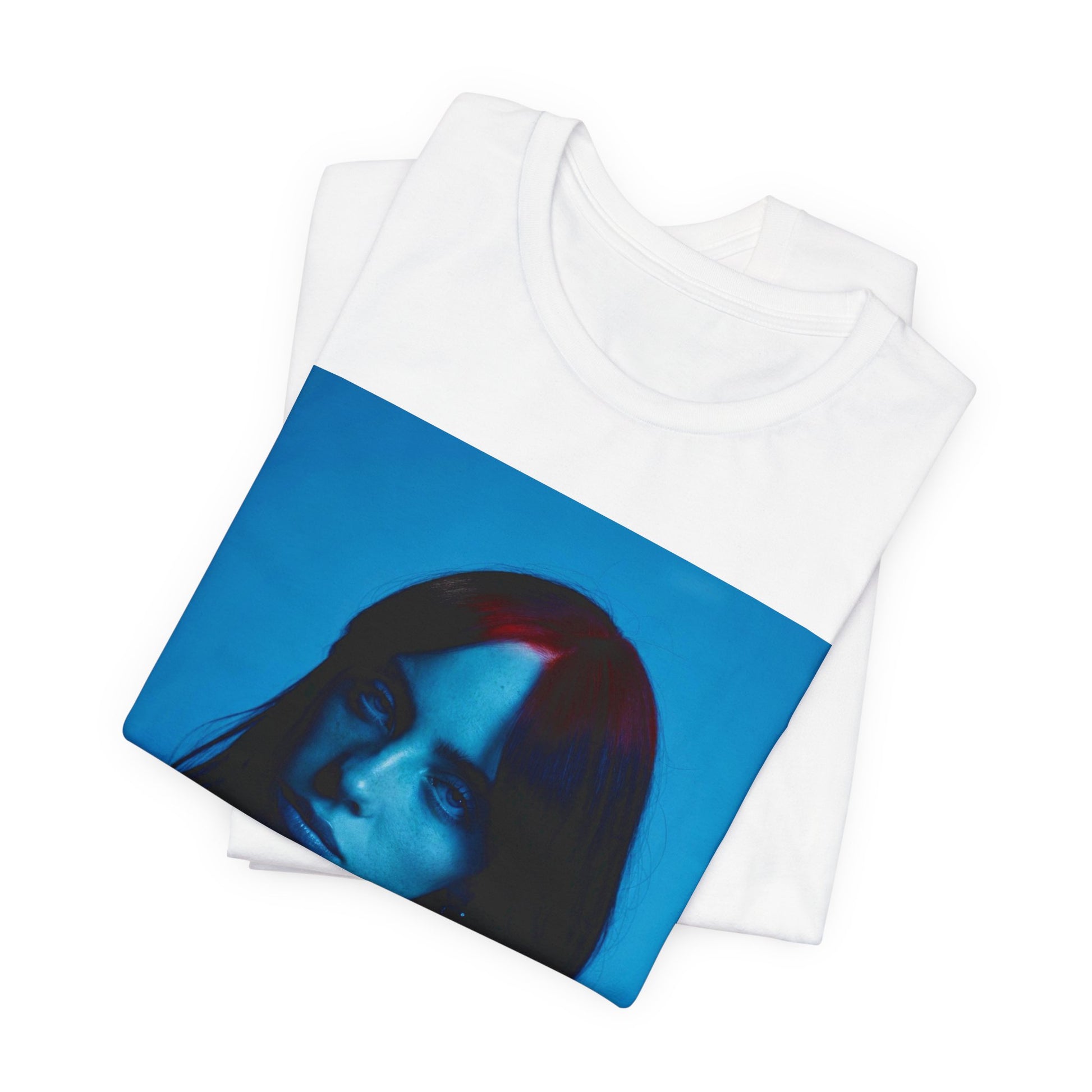 A soft, slightly blurred photo of Billie Eilish, evoking the dreamy and nostalgic feel of her song 'Ocean Eyes,' printed on a t-shirt.