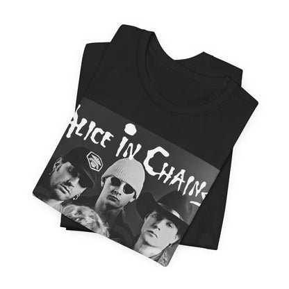 A black graphic t-shirt featuring a black and white photographic portrait of the band Alice In Chains, capturing their iconic grunge look.