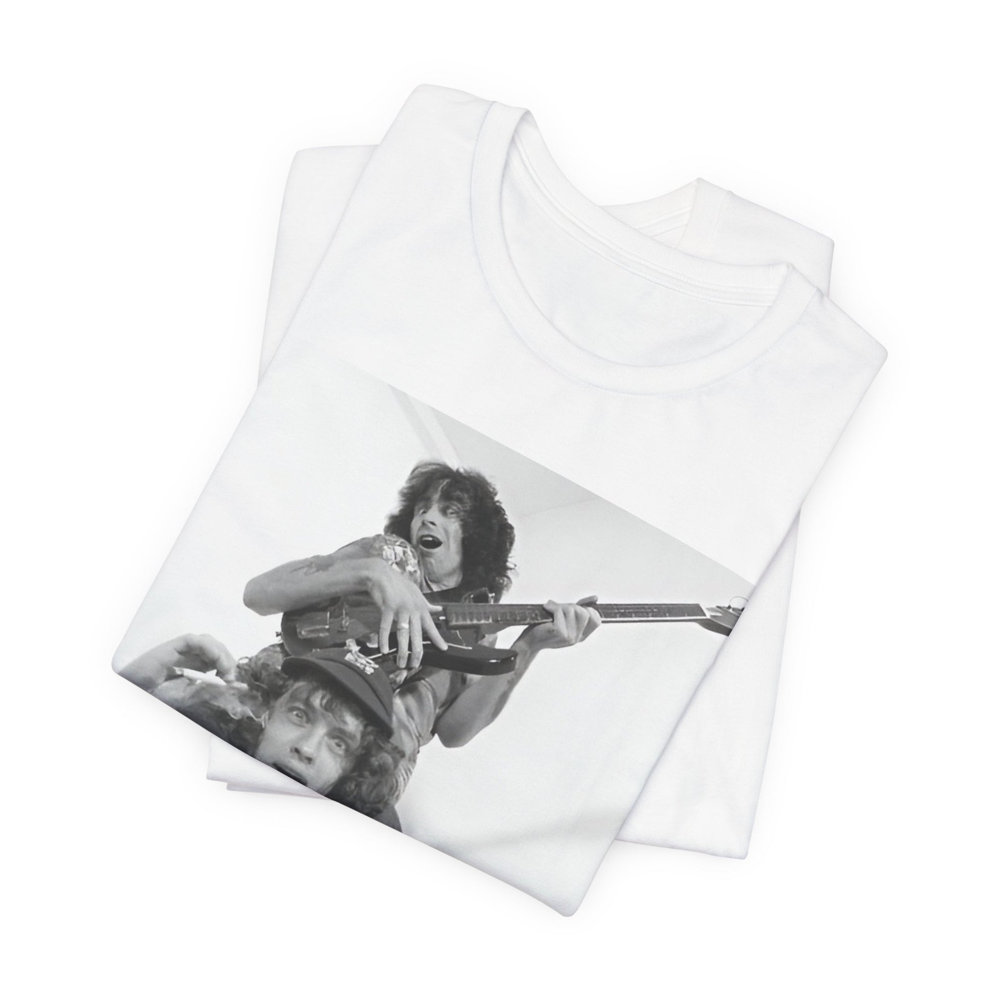 A black graphic t-shirt featuring a split image of AC/DC's Bon Scott and Angus Young, representing the band's iconic duo.