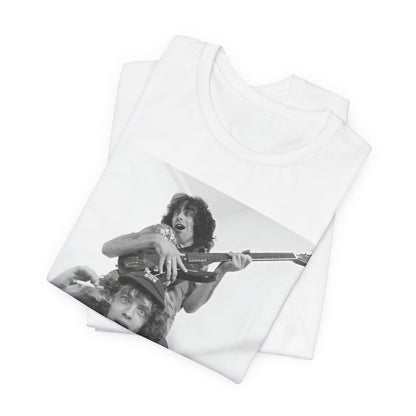 A black graphic t-shirt featuring a split image of AC/DC's Bon Scott and Angus Young, representing the band's iconic duo.