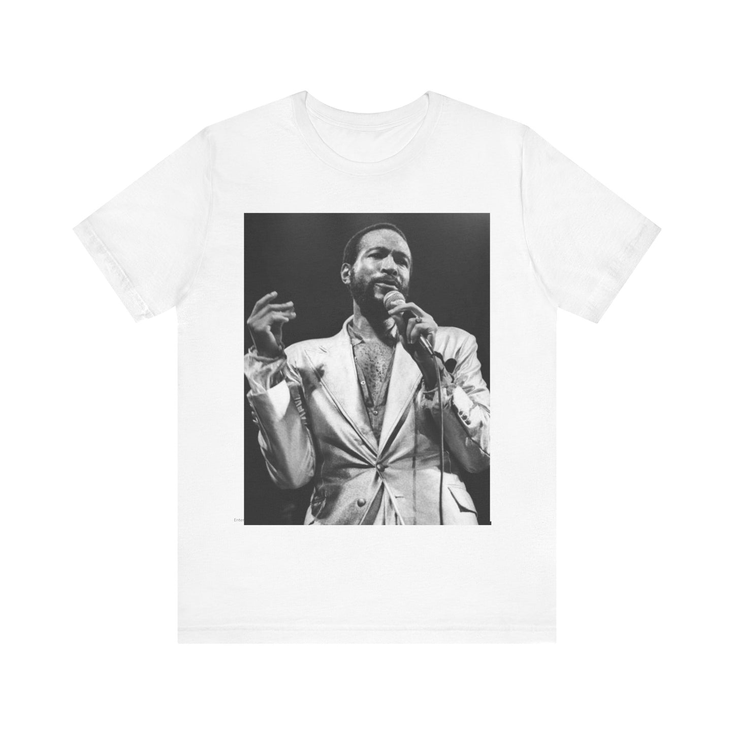 A black graphic t-shirt featuring a retro black and white photo or graphic of Marvin Gaye performing live on stage.