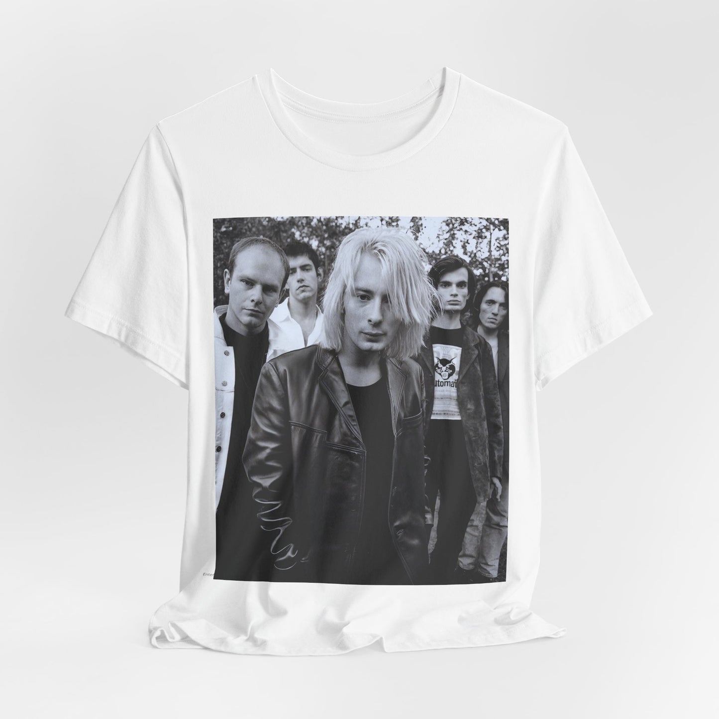 A black graphic t-shirt featuring a cool experimental rock graphic of Radiohead.