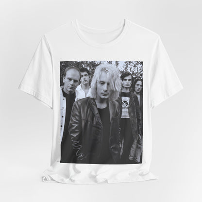 A black graphic t-shirt featuring a cool experimental rock graphic of Radiohead.