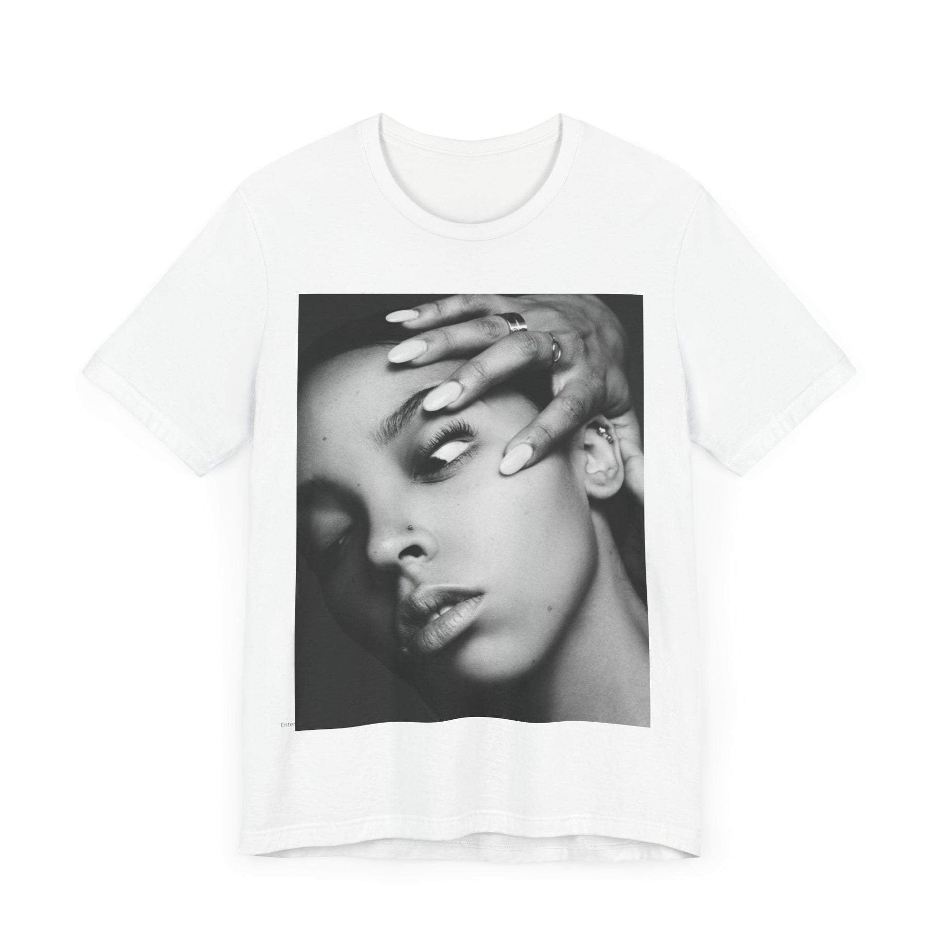A black graphic t-shirt featuring a black and white, monochrome graphic or photo of Tinashe.