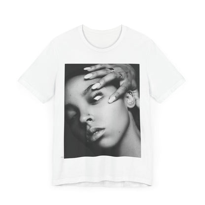 A black graphic t-shirt featuring a black and white, monochrome graphic or photo of Tinashe.