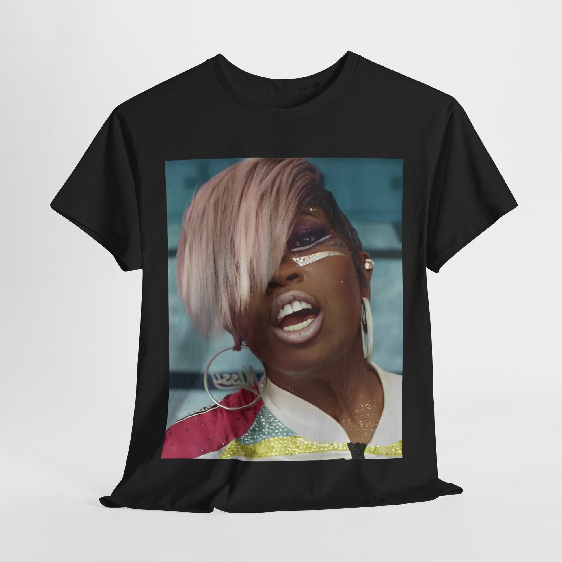 A black graphic t-shirt featuring a classic 90s rap aesthetic graphic of Missy Elliott.