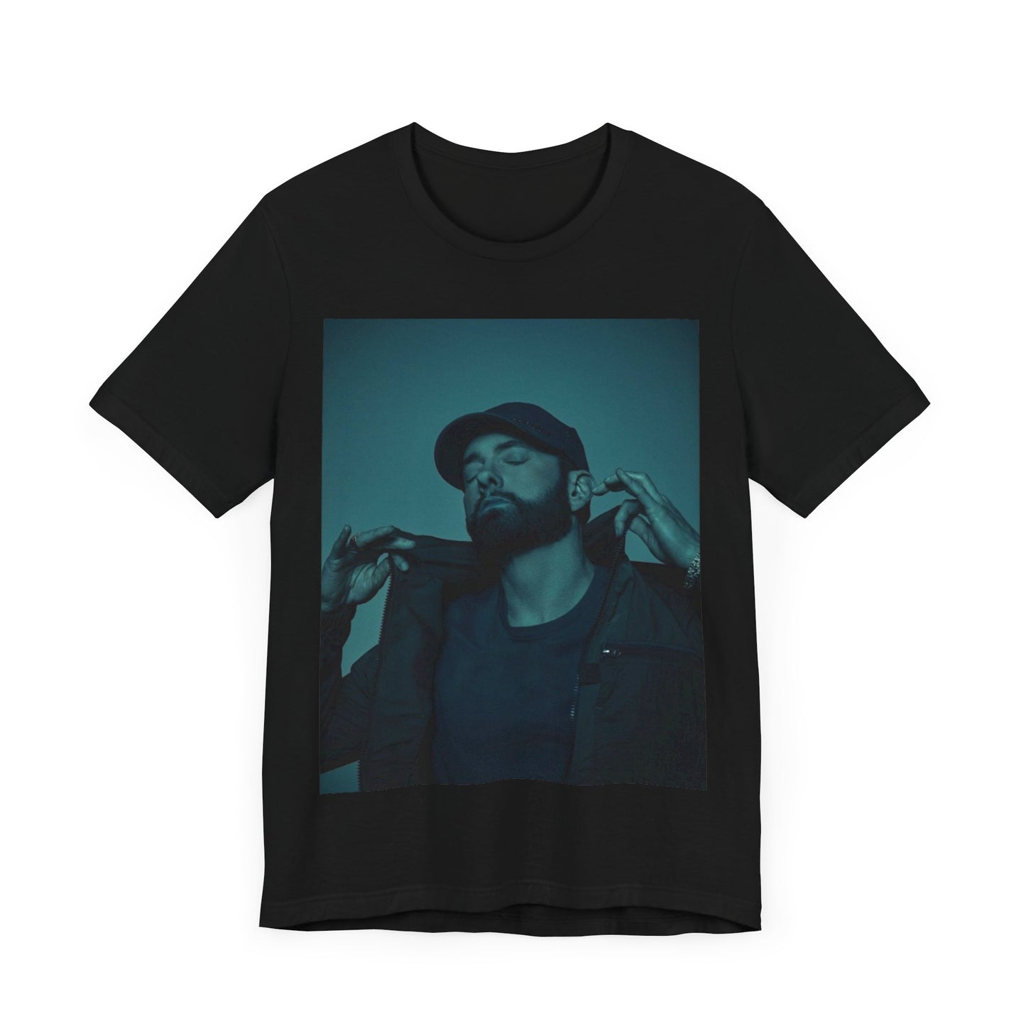 A black graphic t-shirt featuring a graphic of Eminem as a 'Rap God'.