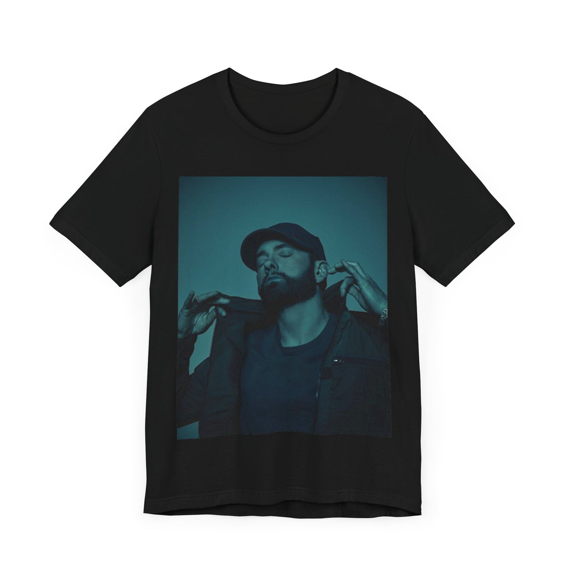 A black graphic t-shirt featuring a graphic of Eminem as a 'Rap God'.