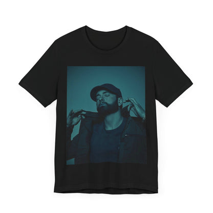 A black graphic t-shirt featuring a graphic of Eminem as a 'Rap God'.