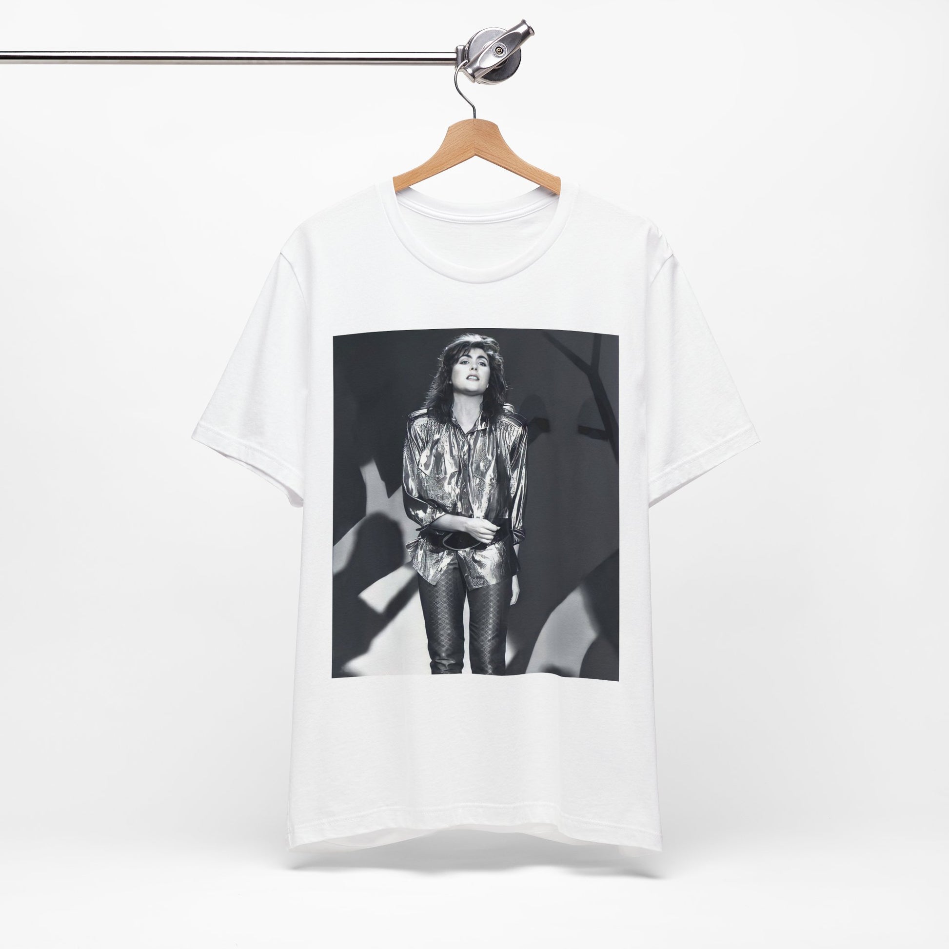 A black graphic t-shirt featuring a graphic of Laura Branigan emphasizing her timeless voice.