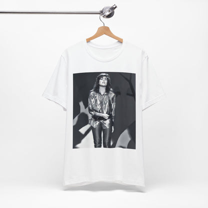 A black graphic t-shirt featuring a graphic of Laura Branigan emphasizing her timeless voice.