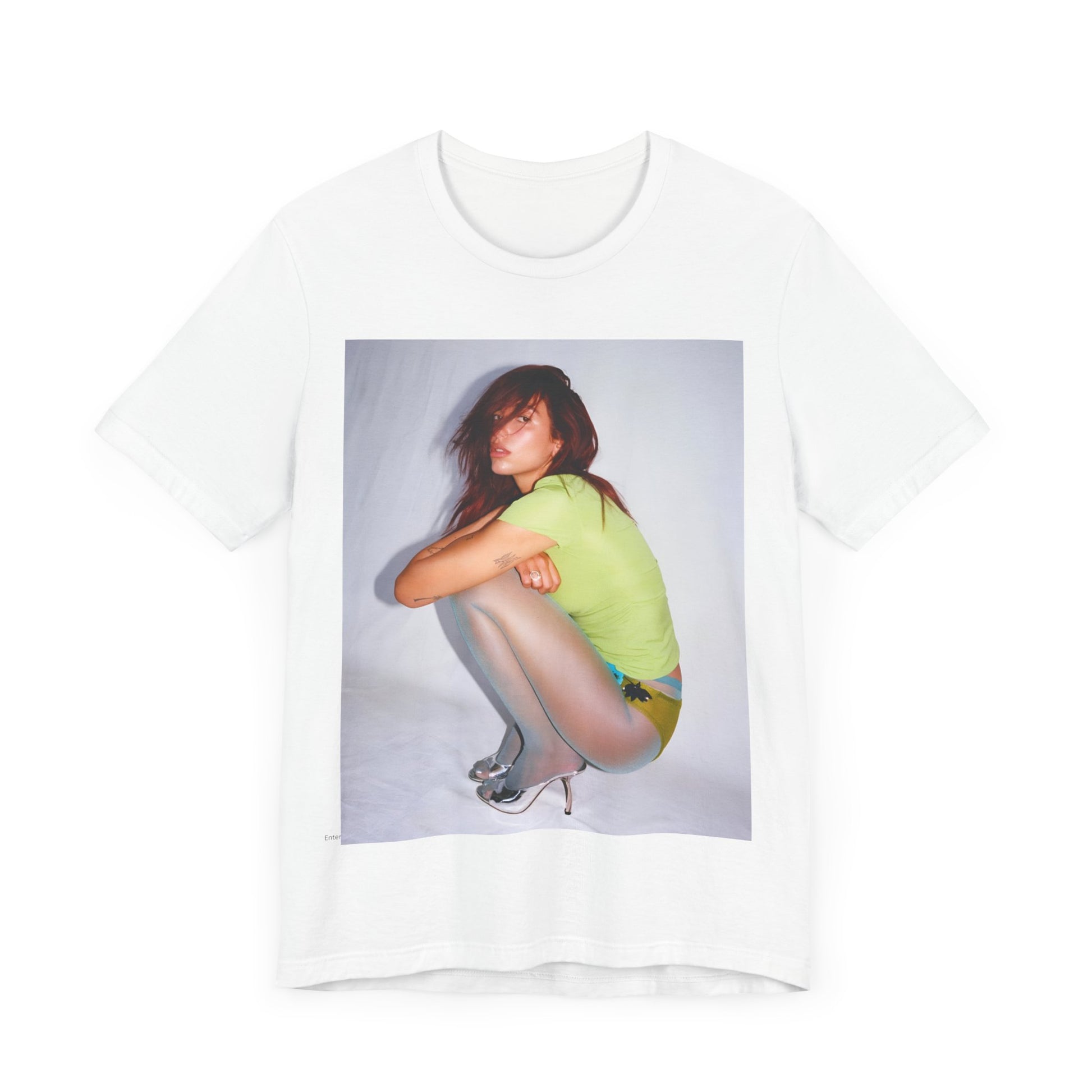 A black graphic t-shirt featuring a graphic inspired by Dua Lipa's 'Houdini' song.