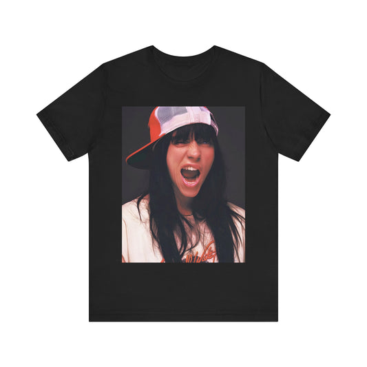A multi-panel, graphic t-shirt inspired by the Billie Eilish song 'all the good girls go to hell,' featuring different images of her.