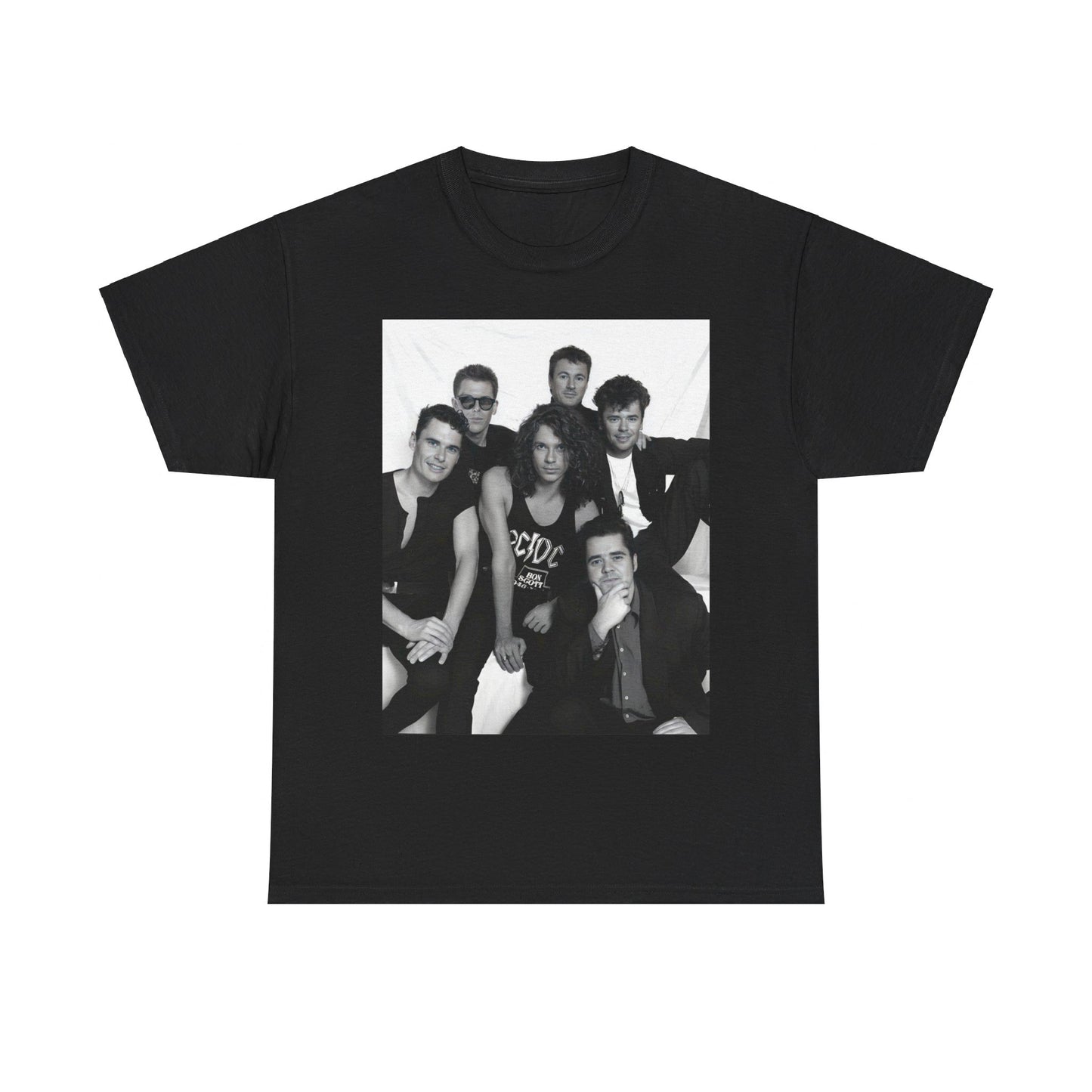 A black graphic t-shirt featuring an 80s rock aesthetic graphic of INXS.