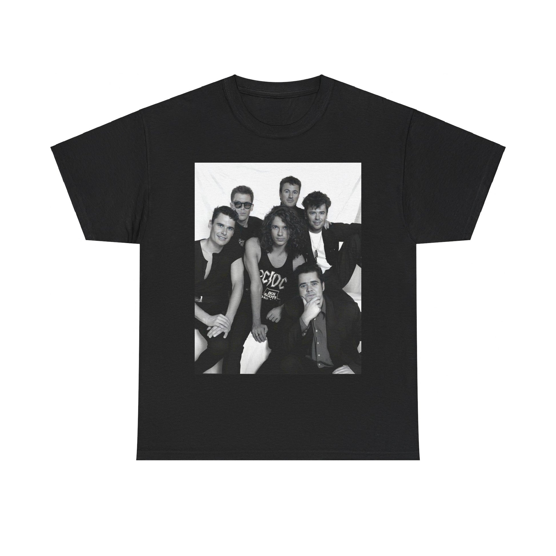 A black graphic t-shirt featuring an 80s rock aesthetic graphic of INXS.