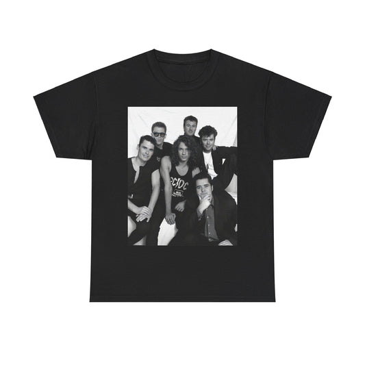 A black graphic t-shirt featuring an 80s rock aesthetic graphic of INXS.