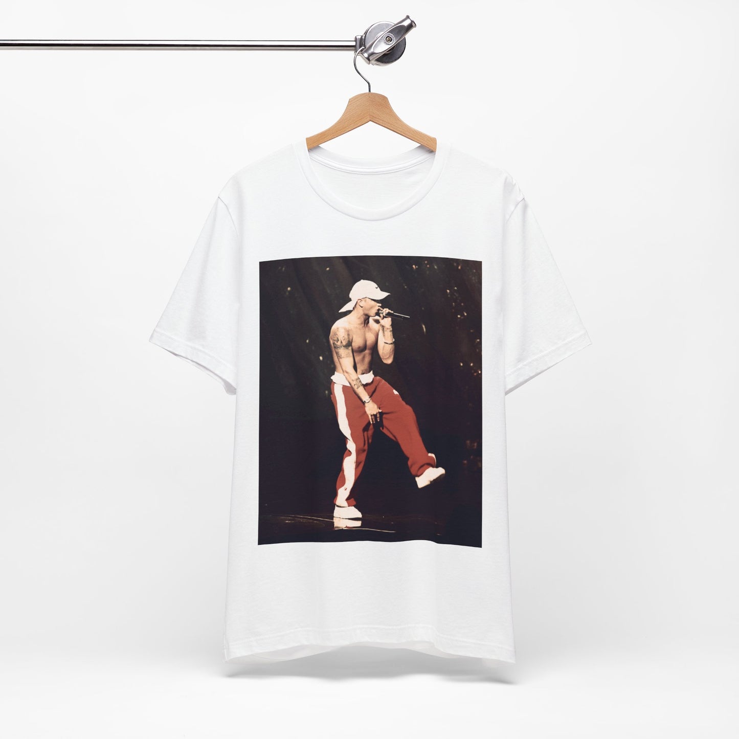 A black graphic t-shirt featuring a graphic inspired by Eminem's film '8 Mile'.